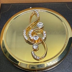Monet Compact Mirror Gold Tone Crystal Music Treble Clef Late 20th Century